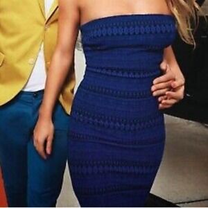 Bebe Aztec Jacquard Royal Blue Body Con Mini Dress‎ Bandage Tribal XS Y2K Goth